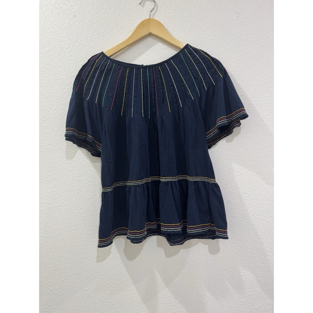 Maeve Anthropologie Navy Blue Rainbow Embroidered Peplum Top Small Short Sleeve